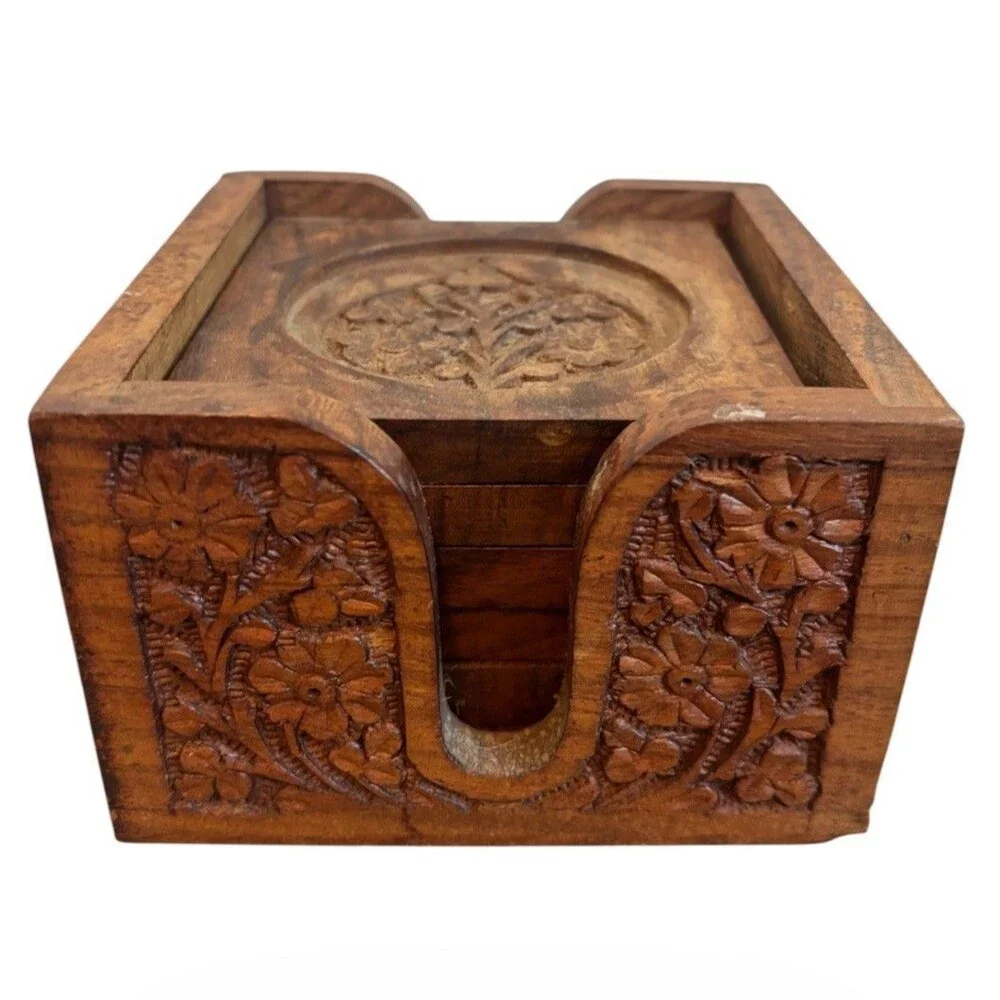 Vintage Hand Carved Wood Coaster Set Caddy Floral Leaf Indian Wooden Drink Mat